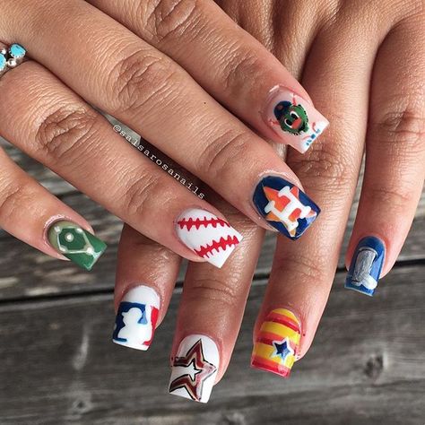 Houston Astros Nails, Astros Nails, Nails Baseball, Baseball Nail Designs, Sport Nails, Nail Suggestions, Baseball Nails, Sports Nails, Football Nails