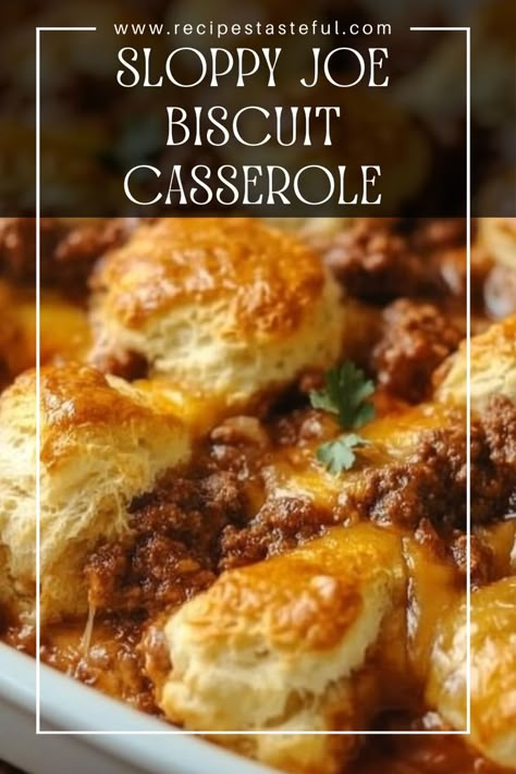 A fun and family-friendly twist on a classic comfort food, this Sloppy Joe Biscuit Casserole combines hearty ground beef with a savory sauce and fluffy biscuits, all topped with gooey cheddar cheese. Perfect for weeknight dinners or casual gatherings, this dish is sure to please everyone at the table! Sloppy Joes Biscuits, Biscuit Recipes Dinner, Dinner Biscuit, Biscuit Casserole, Sloppy Joe Casserole, Biscuits Casserole, Fluffy Biscuits, Dinner With Ground Beef, Ground Beef Casserole