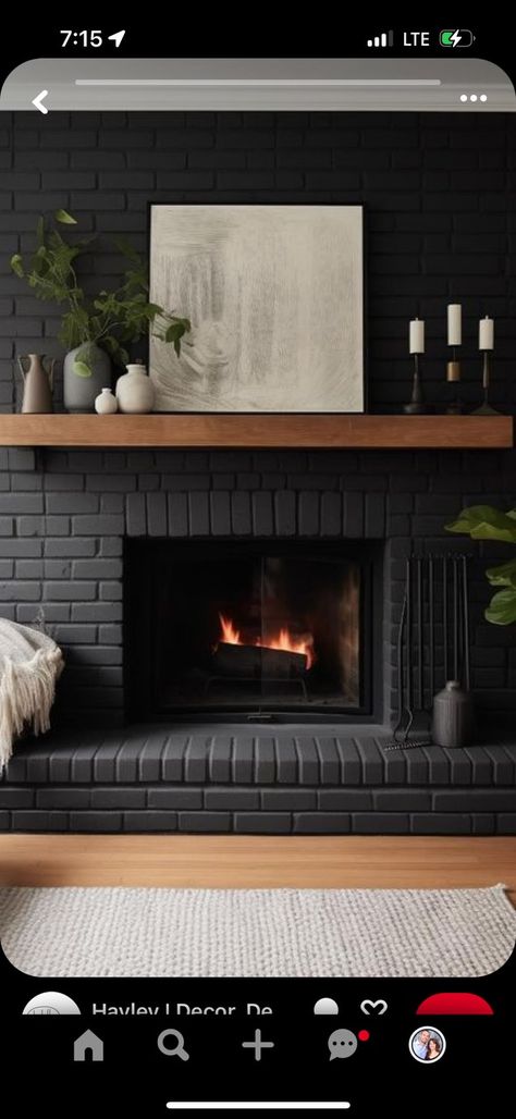 Decor For Black Fireplace, Painted Fireplace Brick Black, Black Brick Fireplace Living Room, Black Fireplace Stone, Modern Black Fireplace Ideas, Black Chimney Fireplaces, Black Corner Fireplace, Dark Brick Fireplace, Dark Fireplace