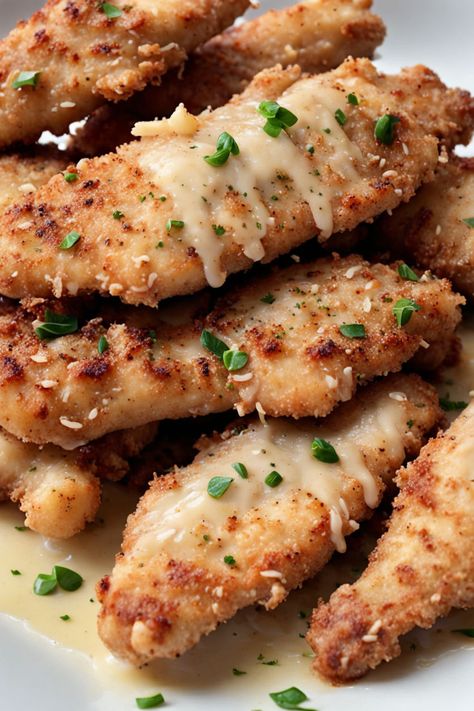 Garlic Parmesan Chicken Tenders Recipe

Ingredients

- 1 pound chicken tenders
- 1 cup breadcrumbs
- 1/2 cup grated Parmesan cheese
- 1 tablespoon garlic powder
- 1 teaspoon salt
- 1/2 teaspoon black pepper
- 2 eggs, beaten
- 1/4 cup olive oil

Instructions

- Preheat oven to 400°F and line a baking sheet with parchment paper.
- In a bowl, combine breadcrumbs, Parmesan cheese, garlic powder, salt, and pepper. In another bowl, beat the eggs. 

Full Recipe on... Garlic Parm Tenders, Breadcrumb Chicken, Parmasean Chicken, Garlic Parmesan Chicken Tenders, Baked Garlic Parmesan Chicken, Parmesan Chicken Tenders, Pumpkin Chili Recipe, Chicken Tenders Recipe, Breaded Chicken Tenders