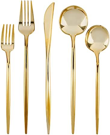 Amazon.com | Novelty Modern Flatware Cutlery Disposable Plastic Combo Set 80 Count Luxury Gold, Service for 16: Flatware Sets Gold Plastic Silverware, Clear Plastic Plates, Party Cutlery, Modern Flatware, Disposable Cutlery, Plastic Silverware, Gold Cutlery, Plastic Dinnerware, Gold Flatware