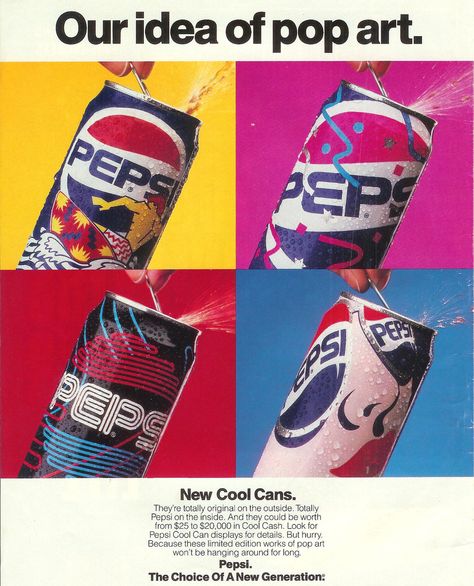 1990-Pepsi cans. Hd them all. For some reason i thought they were so cool Pepsi Advertisement, 80s Ads, Pepsi Ad, Art Coursework, The Velvet Underground, Clock Vintage, Pepsi Cola, Retro Ads, Commercial Art