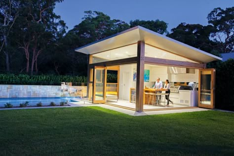 Cabana Ideas Backyard, Modern Pool Cabana, Backyard Cabana, Swimming Pool Heaters, Modern Pool House, Poolside Cabana, Pool House Designs, Pool House Plans, Modern Pool