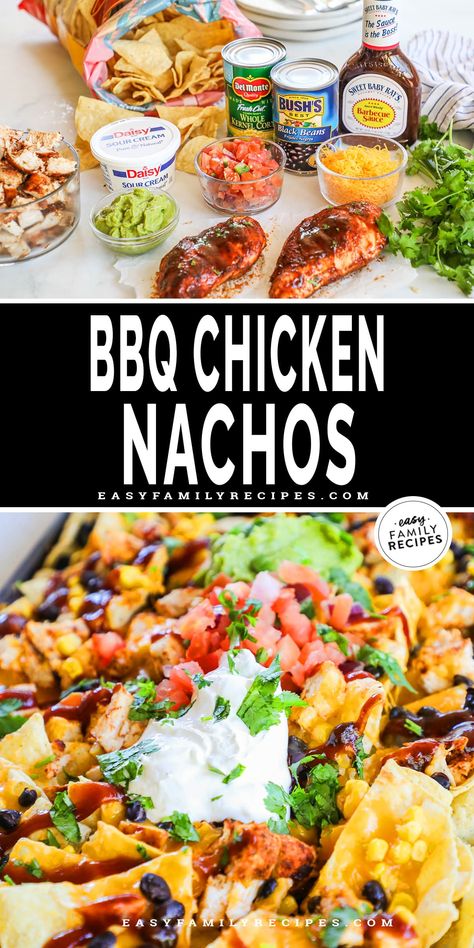 These loaded BBQ chicken nachos are a sheet pan recipe that feeds a hungry crowd! With BBQ chicken, black beans, corn, and cheddar plus toppings like sour cream, guacamole, and your favorite salsa. These BBQ chicken nachos are so tasty and everyone loves them! This easy recipe for barbecue chicken nachos comes together in just 20 minutes, and is the perfect way to stretch chicken leftovers. Sheet Pan Chicken Nachos Recipe, Sheet Pan Bbq Chicken Nachos, Bbq Nachos Recipe Chicken, Nachos Recipe Chicken, Chicken Sheet Pan Nachos, Barbecue Chicken Nachos, Bbq Nachos Recipe, Bbq Chicken Nachos Recipe, Chicken Black Beans Corn