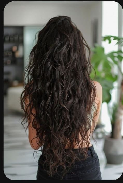 Hair Layers Long Wavy, Wavy Curly Haircuts Long, Beautiful Long Wavy Hair, Digi Perm Long Hair, Long No Layers Hair, 2b Wavy Hair Haircuts Long, Dark Brunette Layered Hair, Beach Waves Dark Brown Hair, Long Curl Haircut