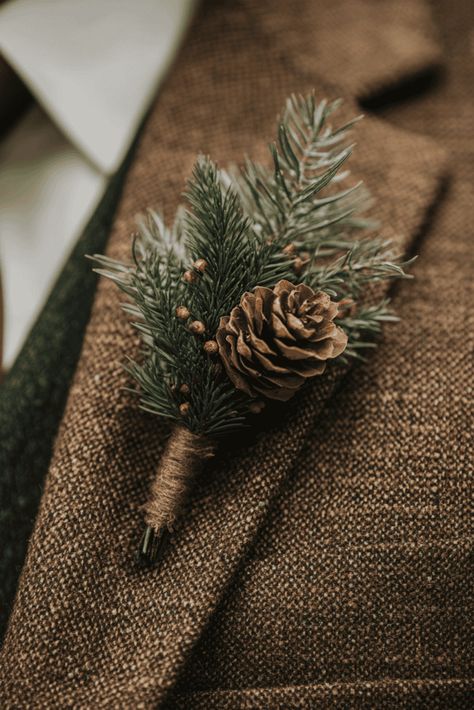 Forest Green Winter Weddings, Pinecone Table Numbers, Pine Tree Bouquet, Pine Winter Wedding, Eclectic Winter Wedding, Winter Forest Wedding Aesthetic, Winter Garden Wedding Theme, Forest Bouquet Wedding, Winter Wedding Mistletoe