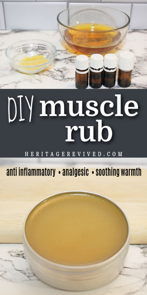 ingredients and salve in container with text "DIY muscle rub - anti inflammatory, analgesic, soothing warmth" Muscle Salve Recipe, Diy Muscle Rub, Muscle Tear, Preserving Vegetables, Copaiba Essential Oil, Natural Pain Relievers, Salve Recipes, Muscle Rub, Rub Recipes