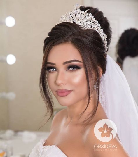 If I was that extra and wanted a tiara to hold my veil, this is what Id have in mind. Bridal Tiara With Veil Updo, Tiara Updo Hairstyles, Bridal Hair Updo With Veil And Tiara, Bridal Updo With Crown, Wedding Hairstyles With Crown And Veil, Tiara Veil, Wedding Hairstyles With Crown, Bridal Braids, Wedding Makeup Tips