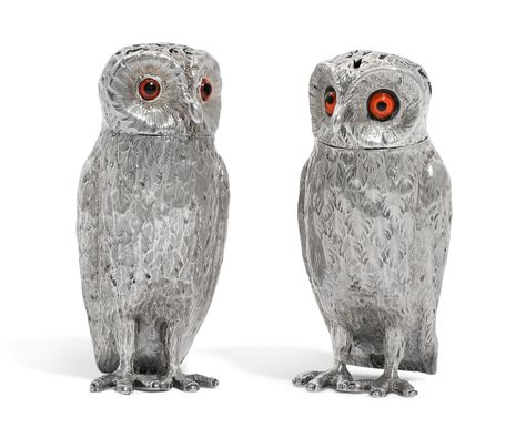 A matched pair of Victorian silver novelty owl peppers, C.T & G. Fox, London, 1850 and 1853 Owl Jellycat, Pandora Owl Charm, Vintage Owl Bookends, Vintage Ceramic Owl Lamp, Vintage Owl Figurines, Bond Street, Printing Business, Art Old, Art Exhibition