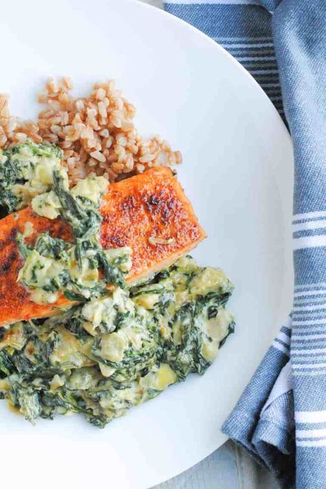 Spinach Artichoke Salmon, Artichoke Salmon, Salmon Artichoke, Salmon Meals, Easy Salmon Dinner, Salmon Bake, Artichoke Recipe, Creamy Salmon Pasta, Spinach Artichoke Pasta