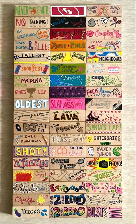 Jenga Game Ideas For Kids, Painted Deck Of Cards Drinking Game Diy, Card Drinking Games Diy, Painting Games For Adults, Drinking Jenga Ideas, Jenga Drinking Game Ideas, Jenga Drinking Game Diy, Diy Board Games For Teenagers, Drinking Games For Parties Diy