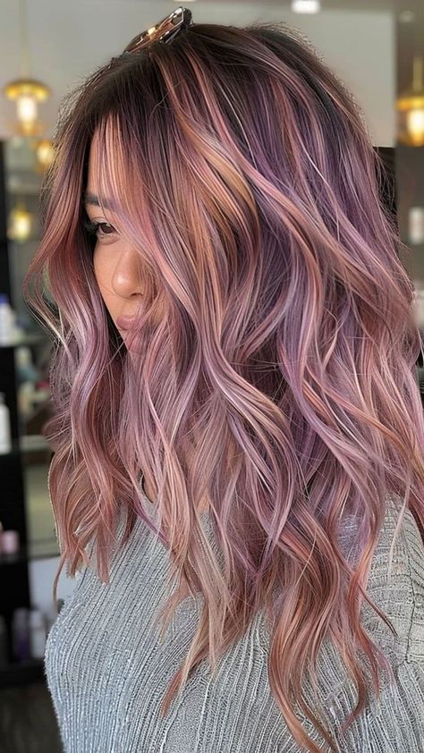 Brown Hair Color Combinations, Balayage Hair With Purple, Lavender And Rose Gold Hair, Light Brown Hair With Vivid Color, Rose Gold Purple Hair, Lavender Blonde Hair Balayage, Brunette Lavender Hair, Lavender Brunette Hair, Purple And Rose Gold Hair