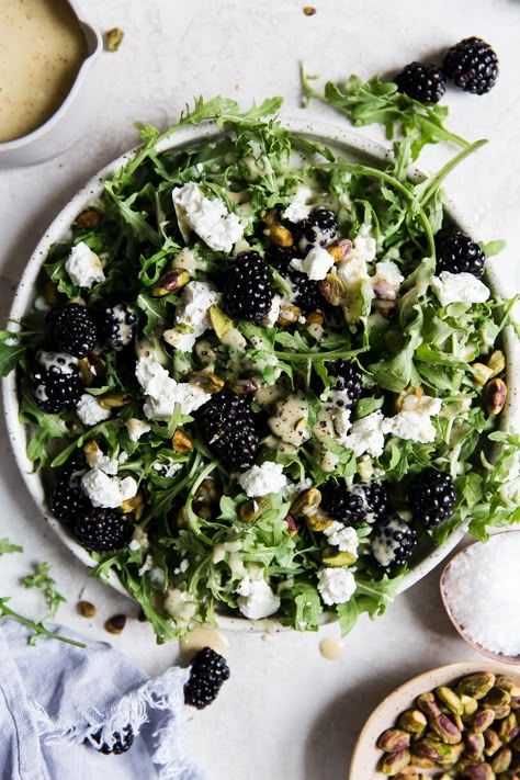 This salad is perfect in late summer, when blackberries are dripping off the vine. Pistachios, chèvre and honey-mustard vinaigrette pair perfectly with peppery arugula and sweet vine-ripe fruit. Blackberry Salad, Best Summer Salads, Arugula Recipes, Arugula Salad Recipes, Summer Salads With Fruit, Goat Cheese Salad, Homemade Salad Dressing, Summer Salad Recipes, Cheese Salad