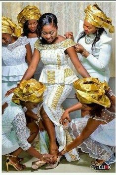 Beautiful Ghanaian Bride in White and Kente Train Wedding Gown | Clipkulture | Clipkulture African Wedding Attire, Kente Dress, African Bride, African Weddings, Ghanaian Fashion, African Dresses Modern, Kente Styles, Afrikaanse Mode, African Wedding Dress