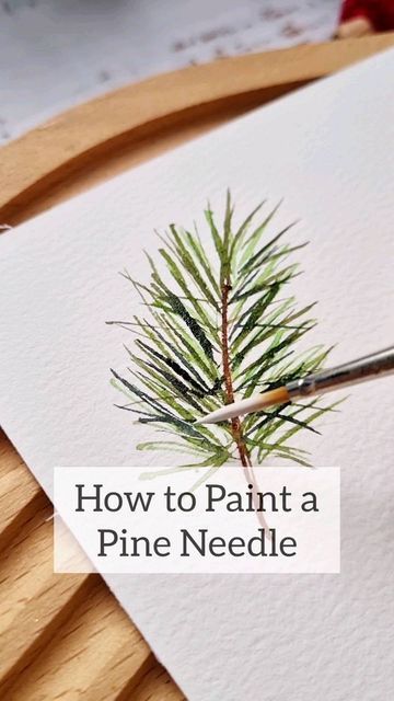 How To Paint Pine Needles Acrylic, Watercolor Pine Needles, Watercolor Art Winter Easy, Acrylic Painting Cards Ideas, New Years Watercolor Painting, Pine Forest Watercolor, Water Paint For Beginners, Watercolor Art Decor, Watercolor Cards For Beginners