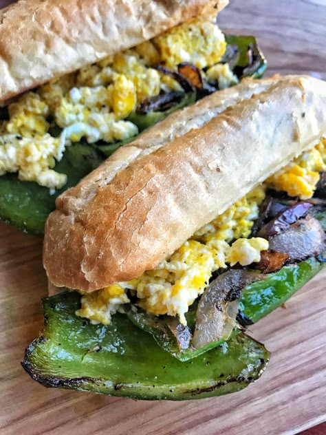 Pepper And Egg Sandwich, Peppers And Eggs, French Rolls, Tipsy Housewife, Egg Sandwich Recipe, Pepper Sandwich, Eggs In Peppers, Purple Onion, Favorite Salad