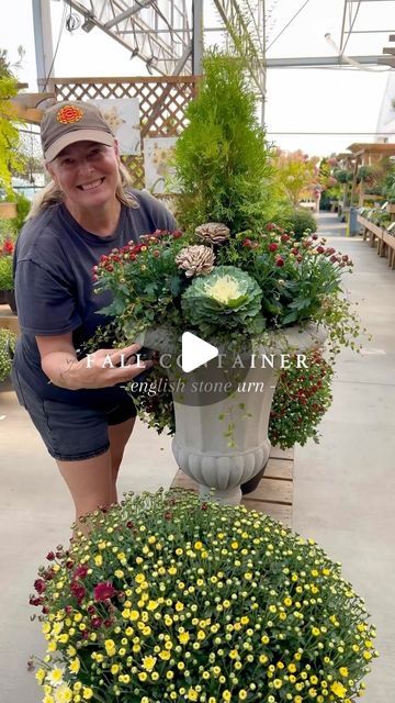 VANDULA FARMS on Instagram: "Elevate your patio with a stunning English urn filled with beautiful ornamental plants! 🤗 🍂 Easy to create and sure to make an impact, this timeless yet elegant container will wow your guests this Autumn season and beyond! 🎃  Follow along for container recipe: 👇✨  1Gal Thuga Occidentalis 'Jantar' 4" Chrysathemums 'Rust' x 3 4" Ornamental Cabbage x 3  4" Muehlenbeckia x 3 2 Faux Botanical Stems (optional)  16" Wickford Urn   #autumndecor #patioperfection #englishgarden #containergardening #fallplanting #vancity #vancouverisawesome #yvrlife #vancouverbc #deltabc #surreybc #richmondbc #burnabybc #coquitlambc #northvancouver #downtownvancouver #ubcvancouver" Ornamental Cabbage Planter Fall, Fall Container Ideas, Fall Urns For Front Porch, Porch Urns, Fall Urn, Celosia Flower, Fall Container Plants, Fall Flower Pots, Winter Containers