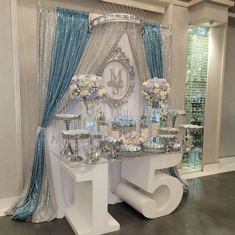 Pastel Blue Quinceanera Theme, Light Blue And Silver Quinceanera Ideas, Quince Winter Wonderland Theme, Elsa Quinceanera Theme, Winter Themed Quinceanera, Light Blue Quinceanera Theme Decorations, Baby Blue And Gold Quinceanera Theme, Cinderella 15 Theme, Cinderella Quinceanera Themes Dresses