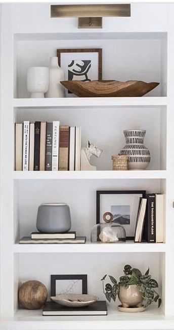 Feminin Office Work Spaces, Black And Neutral Shelf Decor, Five Shelf Bookcase Decor, Office Built In Shelf Decor, Office Credenza Styling, Using Picture Frames For Decor, Tv Shelf Decorating Ideas, Living Room Built In Cabinets With Doors, Shelve Decor Bedroom