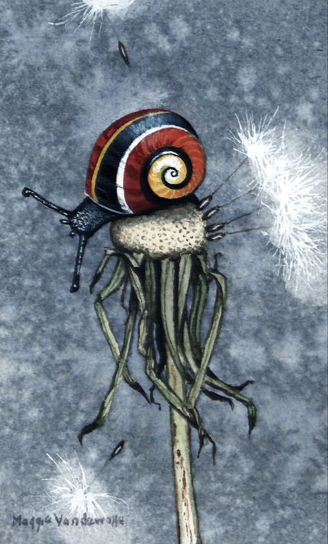 Snail And Mushroom, Maggie Vandewalle, Mushroom Painting, Soul Collage, Mushroom Paint, Dandelion Clock, A Dandelion, Macabre Art, Never Be The Same