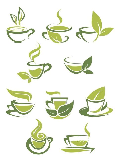 Collection of green or organic tea icons Tea Leaves Illustration, Tea Labels, Tea Illustration, Tea Logo, Drink Design, Vector Doodle, Coffee Shop Logo, Leaves Illustration, Drinks Logo