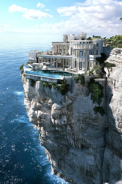 Massive modern palace mansion on a cliff. Check out all of these massive houses that blend luxury with functionality–the grandeur of luxury dream living. Modern Hillside Mansion, Beautiful Houses Modern Luxury, Modern Castle House, Big Houses Mansions, Giant Mansion, Castle House Modern, Ocean Homes, Cliff Houses, Futuristic Mansion