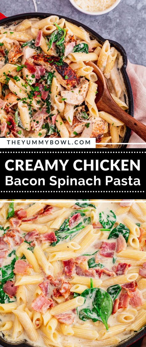 Creamy Chicken Bacon Spinach Pasta, Chicken Bacon Spinach Pasta Recipes, Chicken Bacon Spinach Alfredo, Chicken Bacon Spinach Recipes, Chicken Bacon Spinach Penne Pasta, Spinach Bacon Pasta Recipes, Chicken And Bacon Pasta With Spinach, Creamy Chicken Spinach Pasta Recipes, Shredded Chicken And Bacon Recipes