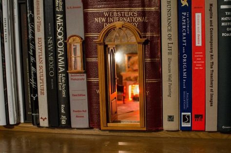 This room inside a dictionary with a soothing glow coming from it. 15 Photos Of Book Nook Shelf Inserts That Might Inspire Your Next DIY Craft Project Bookshelf Inserts, Bookshelf Art, Book Origami, Miniature Rooms, Fairy Book, Fairy Doors, Miniature Books, Miniature Houses, Tiny Things