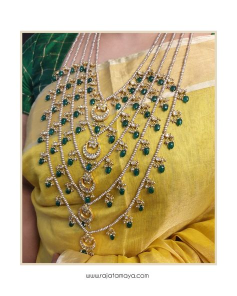 Polki Satlada Necklace, Maharani Jewellery Set, Light Weight Beads Jewellery Designs, Uncut Earrings Gold, Satlada Haar Hyderabadi, Sath Lada Necklace, Panchlada Necklace Gold, Maharani Haar Gold, Panch Lada Haar