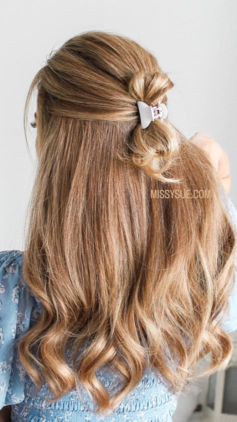 Half Up Half Down With A Clip, Hairclip Half Up Half Down, Easy Half Up Half Down Hair With Bow, Clipped Back Hair Half Up, Half Up With A Bow, Half Up Hair, Everyday Hairstyles, Half Up, Up Styles