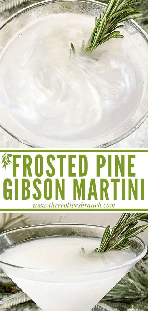 Frosted Pine Gibson Martini is a perfect winter Christmas cocktail recipe. Made with gin and earthy flavors, this drink is great for a party. Use white luster dust for the swirly, white snow effect. Gibson Martini, White Christmas Party, Christmas Martini, White Drinks, Bar Cocktails, Snow Effect, Gin Drinks, Luster Dust, Book Bar