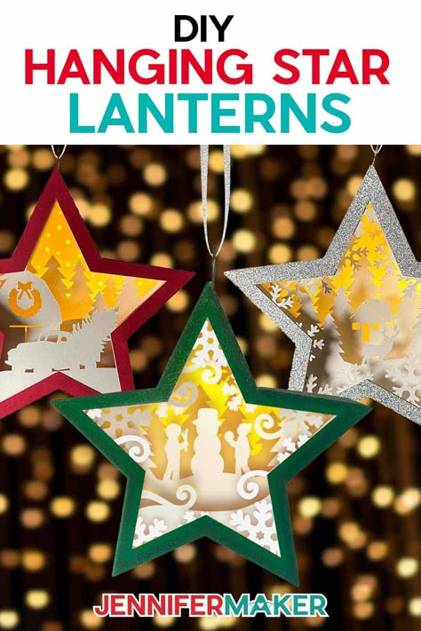 Hanging Star Lanterns for Your Christmas Tree! Star Lantern Diy, Hanging Star Lanterns, 3d Christmas Ornaments, Cricut Ornaments, Circuit Machine, Jennifer Maker, Craft Ideas For Adults, Trending Crafts, Cricut Christmas Ideas