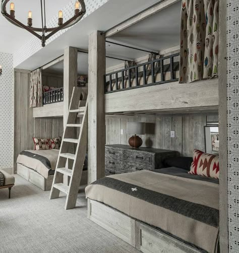 These 12 guest bedrooms will make any guest pick your house over a hotel. #LuxuryBedding Bunk Room Ideas, Bunk Bed Rooms, Modern Bunk Beds, Bunk Beds Built In, Built In Bunks, Cool Bunk Beds, Wood Bunk Beds, Bunk Rooms, Bunk Beds With Stairs