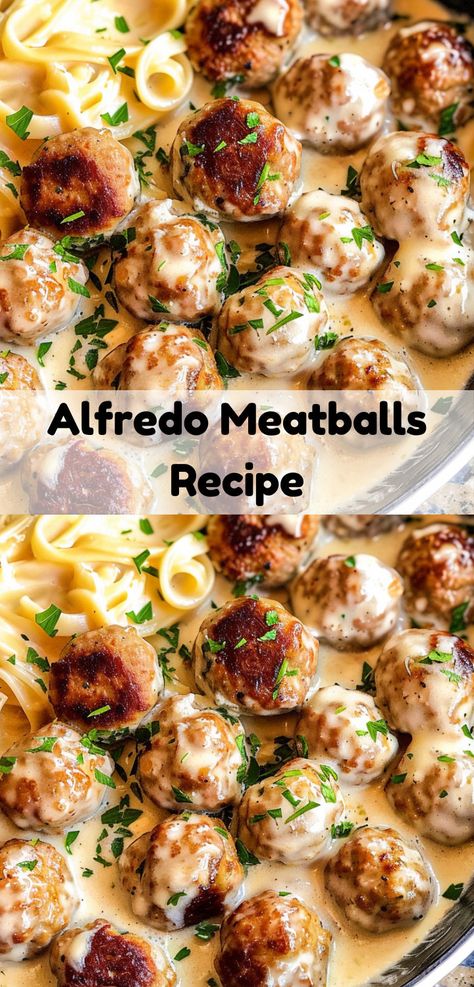 Easy Alfredo meatballs, a rich and savory meal. Alfredo Meatballs, Meatball Pasta Recipes, Minced Meat Recipes, Meatballs Sauce Recipe, Easy Alfredo, Caveman Diet Recipes, Cook Ideas, Meatball Dinner, Tender Meatballs