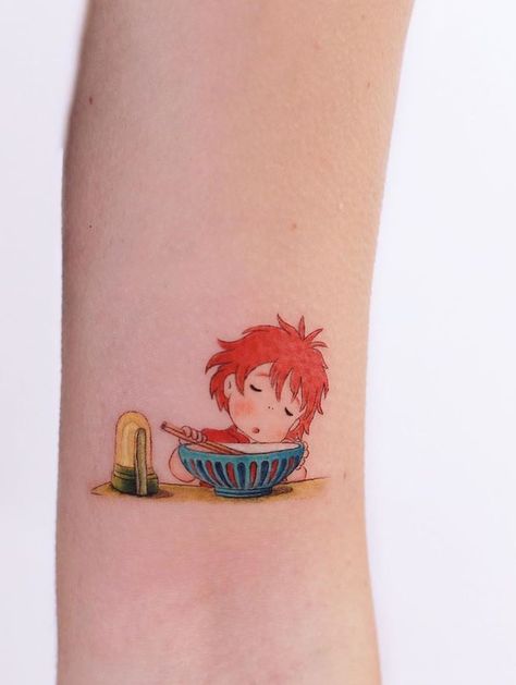 Ponyo Tattoo, Tatuaje Studio Ghibli, Studio Ghibli Tattoo, Ghibli Tattoo, Minimal Tattoo Design, Wing Tattoo Designs, Colorful Tattoos, Kawaii Tattoo, Red Ink Tattoos