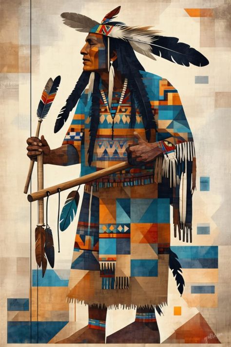 The image features an illustration of an indigenous warrior. The artwork portrays a Native American in traditional attire, standing with a confident stance. He is adorned with feather headdress, beaded clothing, and holds a spear in one hand. His expression is serious, and he gazes directly ahead. The background is simple, providing a clear view of the subject without any distractions. Beaded Clothing, Native American Warrior, Feather Headdress, Wall Art Posters, Traditional Attire, Clear View, Art Posters, Headdress, Nativity