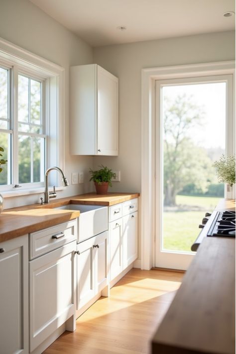 Sunny farmhouse kitchen with white cabinets and wooden butcher block counters White Kitchen Cabinets With Butcher Block Counter, Countertops For White Kitchen, White Kitchen Cabinets With Butcher Block, Dream Kitchen White, White Kitchen Design Ideas, Kitchen Ideas White, White Kitchen Inspiration, Block Countertops, Dream Kitchen Ideas