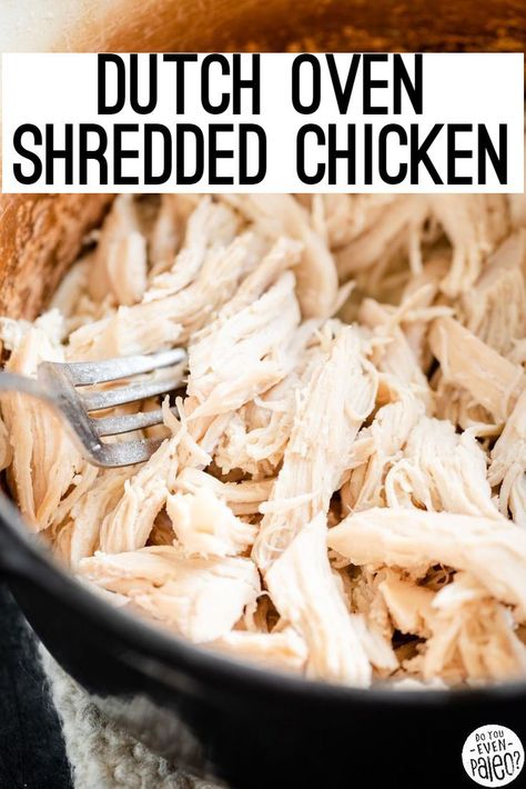 Make meal prep easy with this dutch oven shredded chicken! Just pop chicken breasts in a dutch oven in the oven for a while for perfectly tender, shreddable chicken breasts that you can use throughout the week in salads, casseroles, or other lunches. Oven Shredded Chicken, Slow Roast Chicken, Dutch Oven Chicken Breast, Chicken Enchilada Soup Crock Pot, Oven Bbq Chicken, Chicken Breast Oven Recipes, Chicken Breast Oven, Dutch Oven Chicken, Braised Chicken Breast