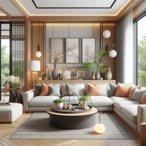 Japandi Living Room Japandi Open Plan Living, Huge Living Room Luxury, Modern Japanese Interior Living Room, Japandi Home Design, Modern Japandi Living Room, Japanese Modern Living Room, Japandi House Design, Japandi Interior Design Living Room, Japandi Moodboard