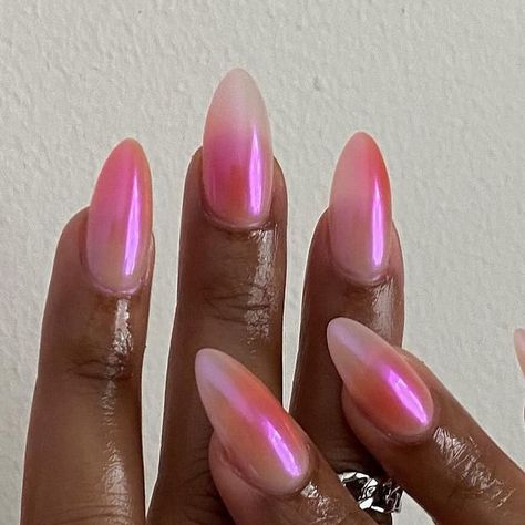 @nailzzbysteph on Instagram: "summer aura + chrome 🌅  @apresnailofficial natural medium almond" Gel Aura Nails, Summer Aura, Trip Nails, Gal Nails, Pink Aura Nails, Pink Ribbon Nails, Ribbon Nails, Bold Nail Art, Cutesy Nails