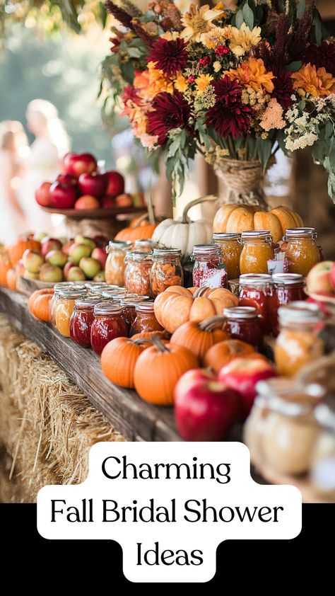 A cozy fall bridal shower with hay bales, apples, pumpkins, fall foliage, farm-to-table food, and mini jam or honey jars as favors. Fall Bridal Shower Ideas Food, Bridal Shower Ideas Themed Fall, September Bridal Shower Ideas, Fall In Love Bridal Shower Ideas, Autumn Bridal Shower Ideas, Brunch Bridal Shower Ideas, Fall Engagement Party, Fall Proposal, Fall Bridal Shower Ideas