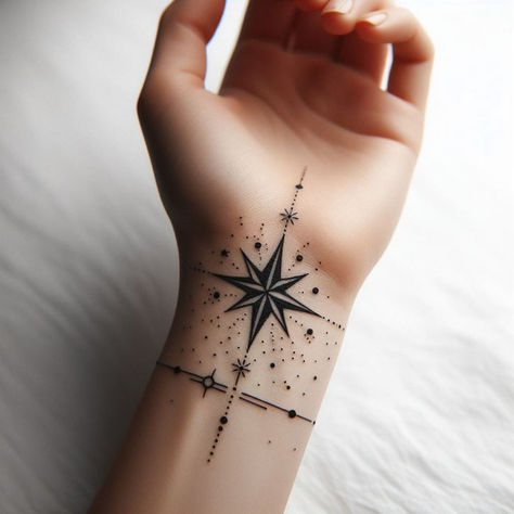 Celestial Arrow Tattoo, Star Sprinkle Tattoo, Witch Star Tattoo, Star Tattoo Cover Up Ideas, Polaris Star Tattoo, Fantasy Tattoos Magic, Star Tattoo Cover Up, Star Tattoos On Hand, Sprinkle Tattoo