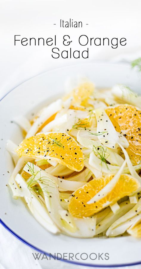 Introducing our delicious Fennel and Orange Salad recipe - it's a real crowd pleaser! This Italian orange salad with fennel and cracked pepper is the perfect side dish, but you can also enjoy this refreshing winter salad on its own for lunch or dinner. Only four ingredients are needed for this quick and easy salad recipe. | wandercooks.com #fennelandorangesalad #italiansalad #wintersalad #orangefennelsalad Fennel Orange Salad, Orange Salad Recipes, Perfect Salad Recipe, Fennel And Orange Salad, Fennel Recipes, 4 Ingredient Recipes, Perfect Salad, Juicy Orange, Fennel Salad