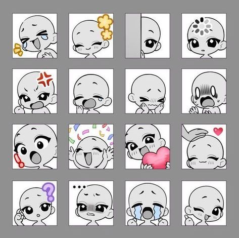 Drawing Bases Group Of 4 Chibi, Smug Chibi Face, Mini Chibi Base, Twitch Emote Reference, Eyes Chibi Drawing, Anime Expression Sheet, Chibi Head Drawing, Chibi Mouth Reference, Chibi Twitch Emotes