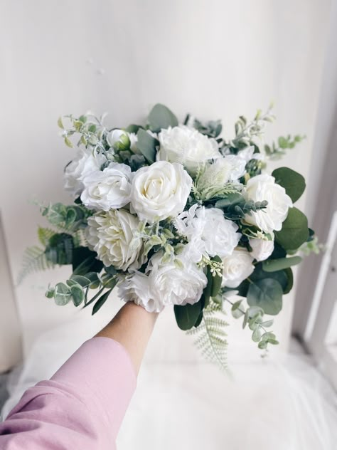 Wedding White Flowers Bouquet, White Dahlia Wedding Bouquets, White Bridal Bouquet With Eucalyptus, Faux Wedding Bouquet, Different Shades Of White, Wedding Rehearsal Dinner Decorations, White Peonies Bouquet, Bridal Bouquet White, Simple Wedding Bouquets