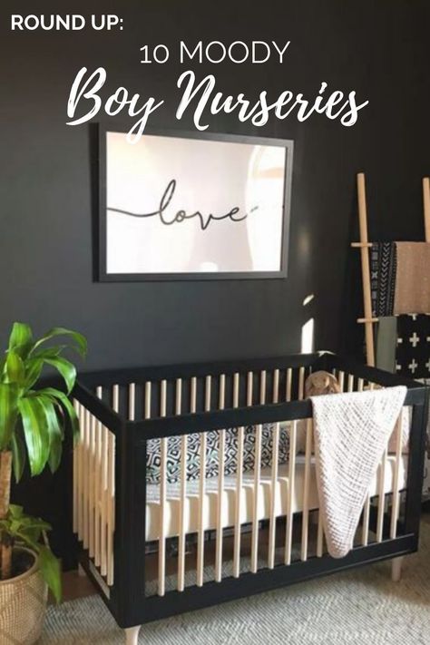 Moody black paint in the nursery creates a super cozy vibe! I love the modern look of baby nursery! Black Crib Nursery, Baby Boy Nursery Room Ideas, Black Crib, Black Nursery, Nursery Room Furniture, Nursery Trends, Baby Boy Room Nursery, Nursery Room Inspiration, White Nursery