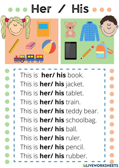 His Her Worksheet, B Worksheet, Basic English Grammar Book, Worksheets For Grade 1, Teach English To Kids, English Grammar For Kids, English Learning Books, Grammar For Kids, English Teaching Materials