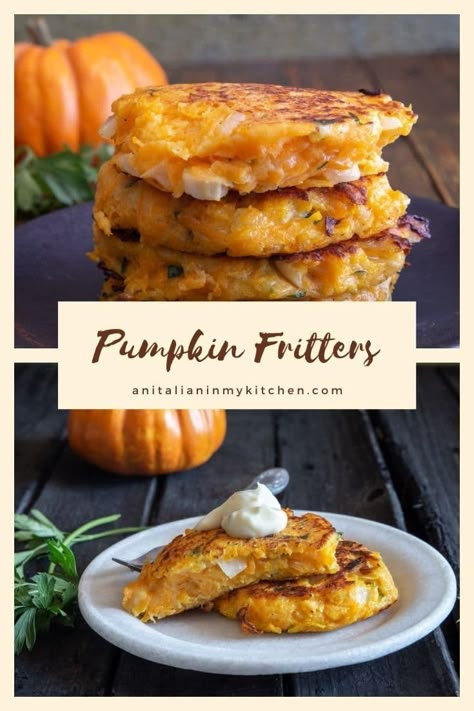 Fresh Pumpkin Recipes, Pumpkin Fritters, Savory Pumpkin, Recipes By Ingredients, Savory Pumpkin Recipes, Pumpkin Dishes, Potato Fritters, Fresh Pumpkin, Fritter Recipes