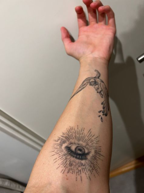 Tattoo, third eye, men tattoo Eye Tattoo Forearm, Patch Work Sleeve, 2023 Tattoo Ideas, Third Eye Tattoo, Third Eye Tattoos, All Seeing Eye Tattoo, Tattoo Symbolism, Tattoos 2023, 2023 Tattoo