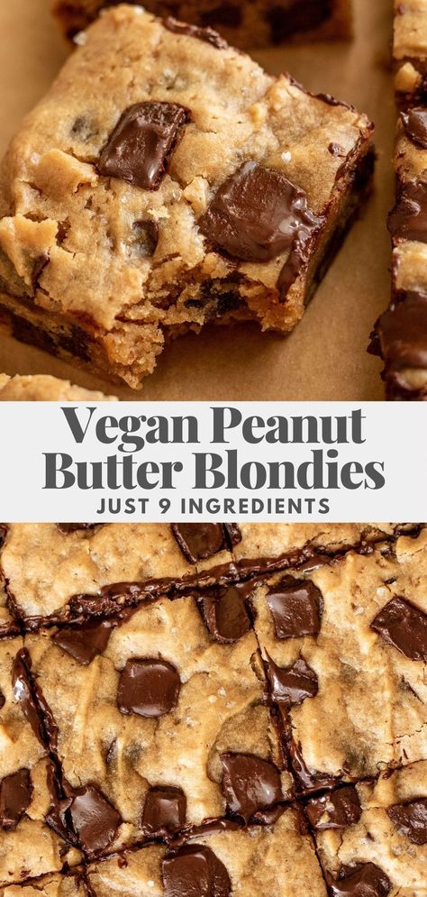 Vegan peanut butter blondies with a crackly top, gooey chocolate chips and the best chewy center. Soft and buttery treats that are super easy to make. Vegan Blondies, Superbowl Recipes, Healthy Vegan Dessert, Cookie Brownies, Chocolate Chip Blondies, Vegan Brownies, Dairy Free Chocolate Chips, Vegan Peanut Butter, Cookie Flavors